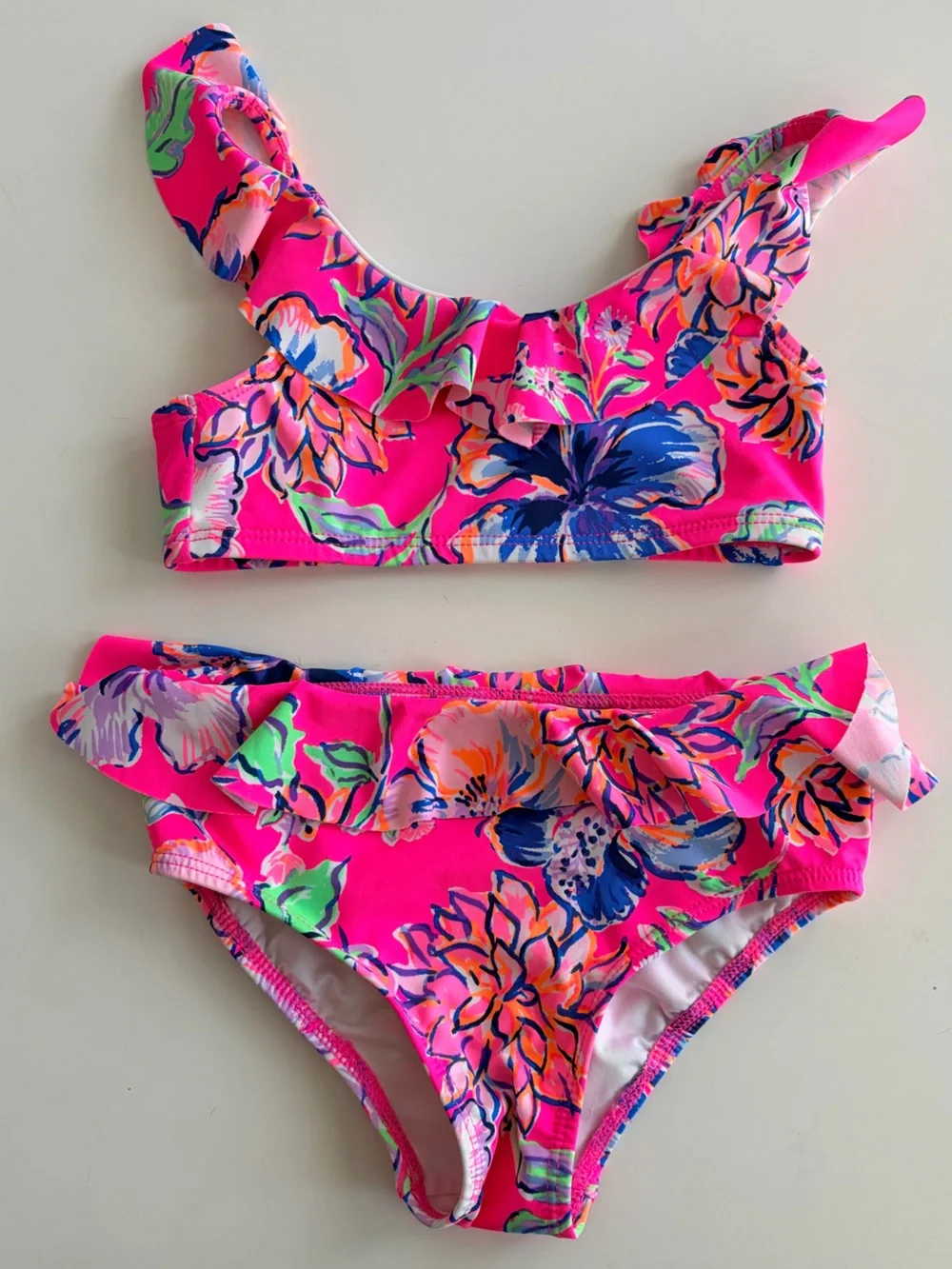 Lilly Pulitzer Neon Pink Floral Ruffle Bikini in Pink Isle Last Bud Not Least